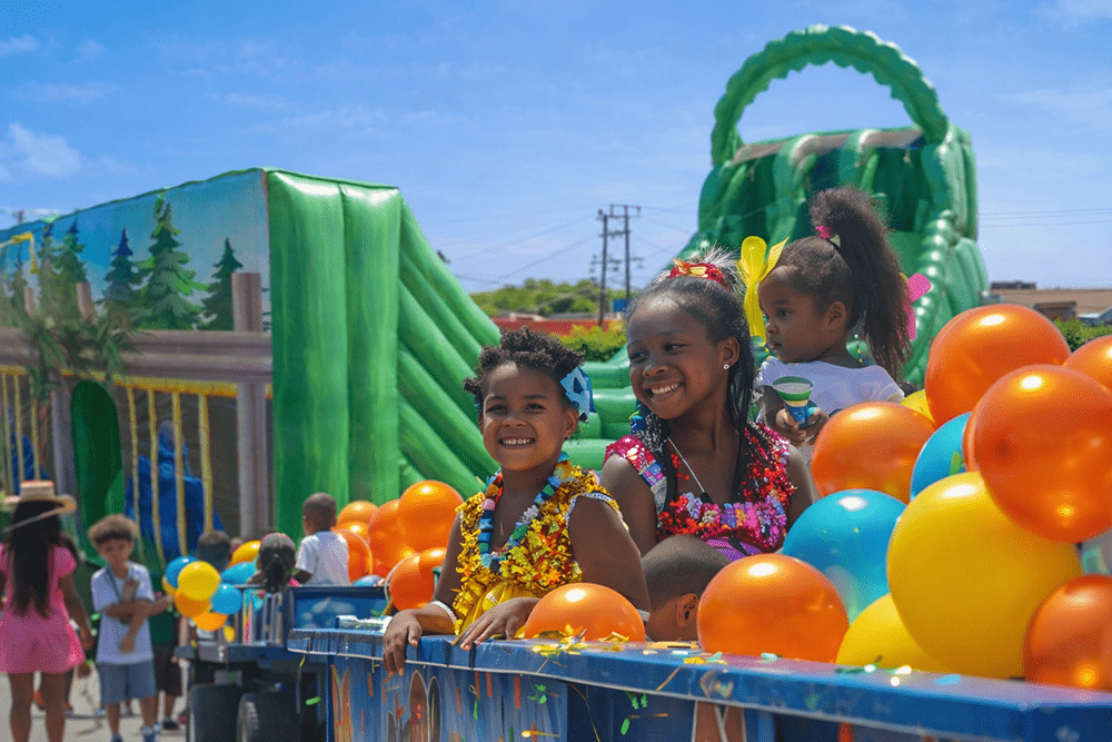 Children smiling in a ball pit in front of a large bouncabout